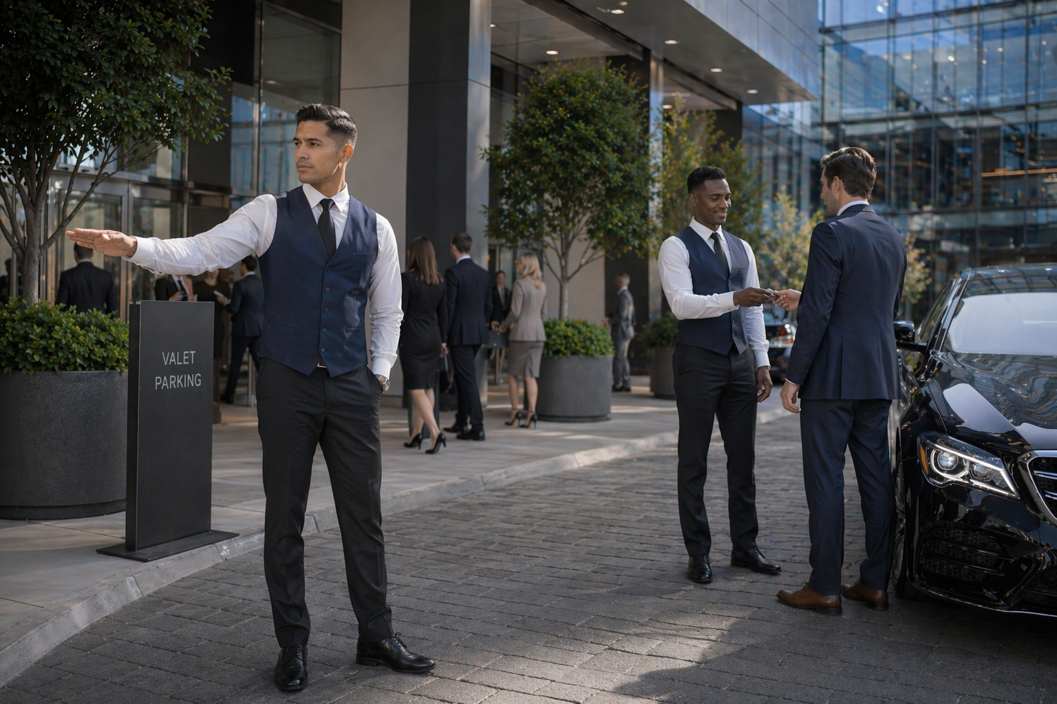 Valet team with signage outside a corporate office building