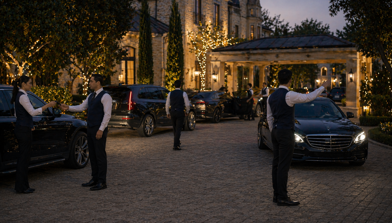 Valet team managing car arrivals at a large evening event
