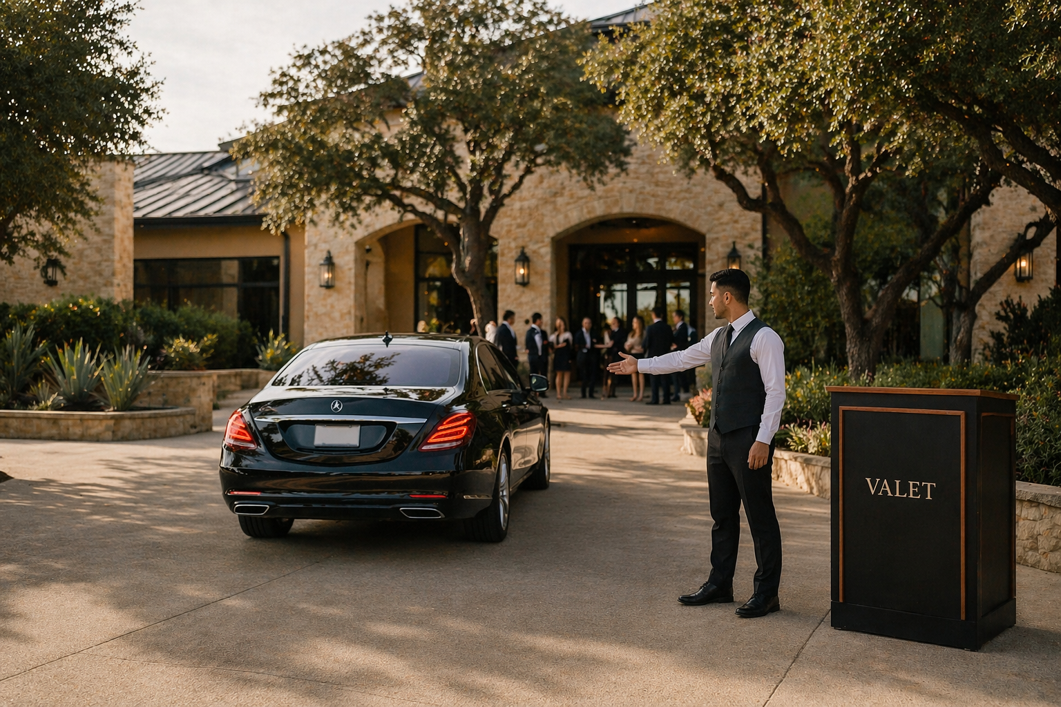 Valet attendant standing at podium outside a Texas limestone venue in San Antonio