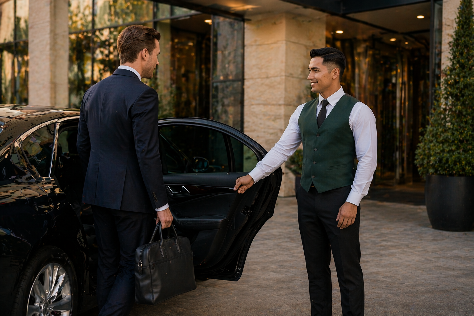 Valet opening car door for a guest at a hotel entrance