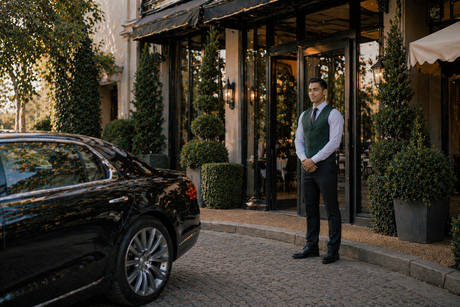 Valet attendant standing ready at a restaurant entrance at dusk
