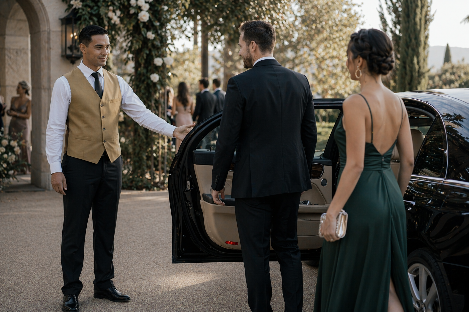 Valet attendant opening car door for a couple arriving at a wedding